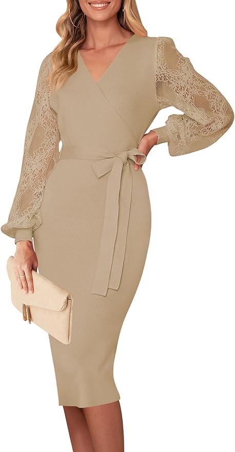 Womens V Neck Lace Long Sleeve Sweater Dress Sexy Wrap Knit Bodycon Midi Dresses with Belt