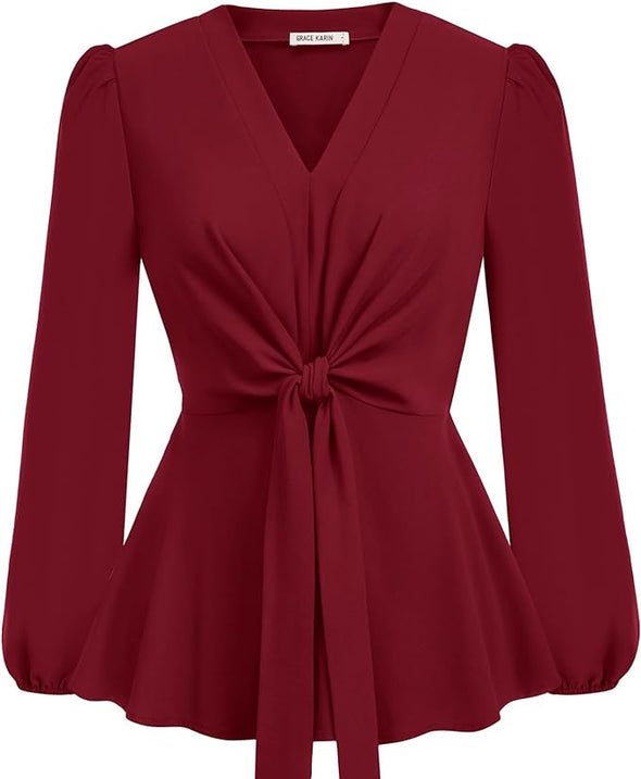 2024 Women's Elegant Peplum Tops V Neck Tie Front Long Sleeve Shirts Tops Blouse