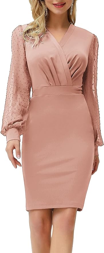 Women's Pencil Work Dresses Long Sleeve Wrap V Neck Bodycon Business Dress Elegant Cocktail Party Work