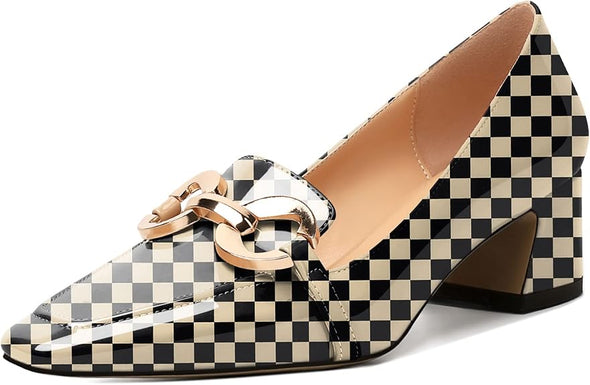 Womens Square Toe Block Heels Mid Chunky Heel Loafer Pumps Slip On Chain Dress Comfortable Prom Shoe