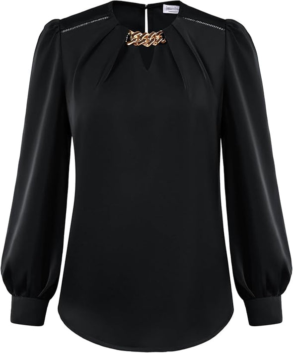 Women's Satin Silk Blouse 2024 Crew Neck Long Sleeve Blouses Elegant Casual Office Work Dressy Shirts Tops