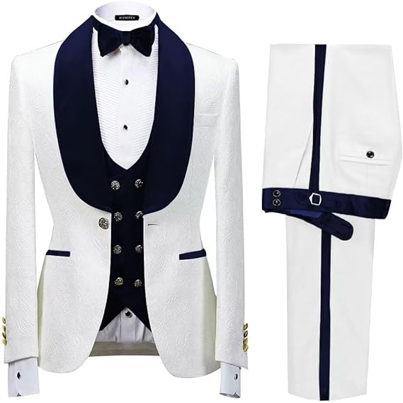 Men's Floral Jacquard Tuxedo Suits Slim Fit 3 Piece Suits Shawl Collar Suit for Man Wedding Prom Suits with Bow Tie