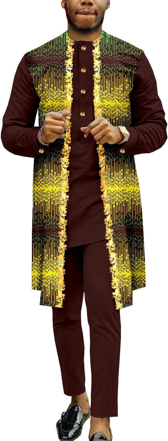 Men Single Breasted Embroidery Print Shirts and Pants 2 Piece Set Outfits