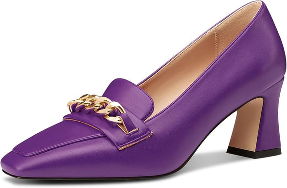 Women Mid Chunky Block Loafers Close Square Toe Slip-on Pumps with Metal Chain Work Casual Pumps 2.8 Inches Heels