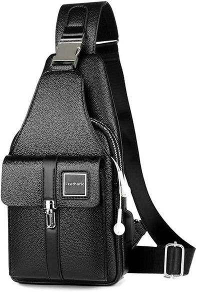 Men leather Sling Bag Chest Bag Shoulder Bag Crossbody Casual Bag Pack Multipurpose