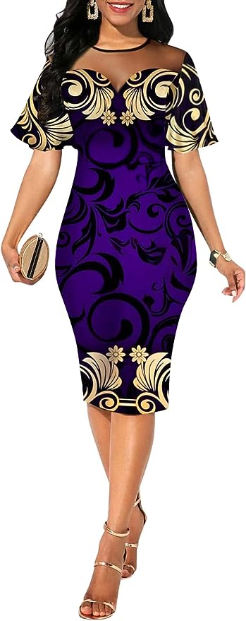 Sexy Short Sleeve Bodycon Dress for Women Floral Printed Mesh Slim Fit Prom Party Midi Dresses