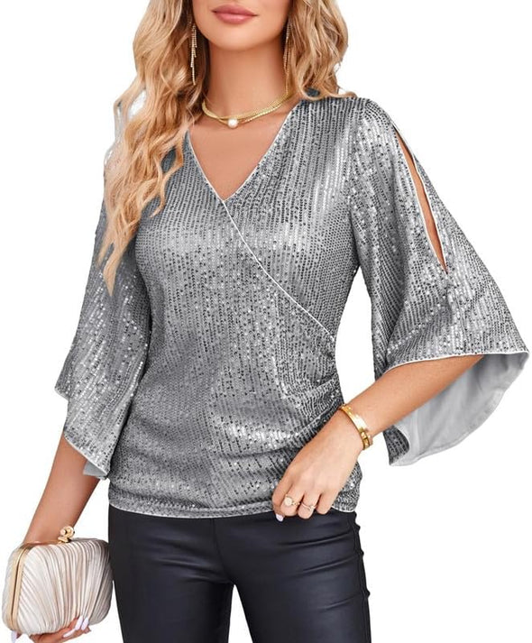 Womens Sequin Tops 3/4 Sleeve Glitter Sparkly Party Blouse V-Neck Dressy Tops for Evening Party