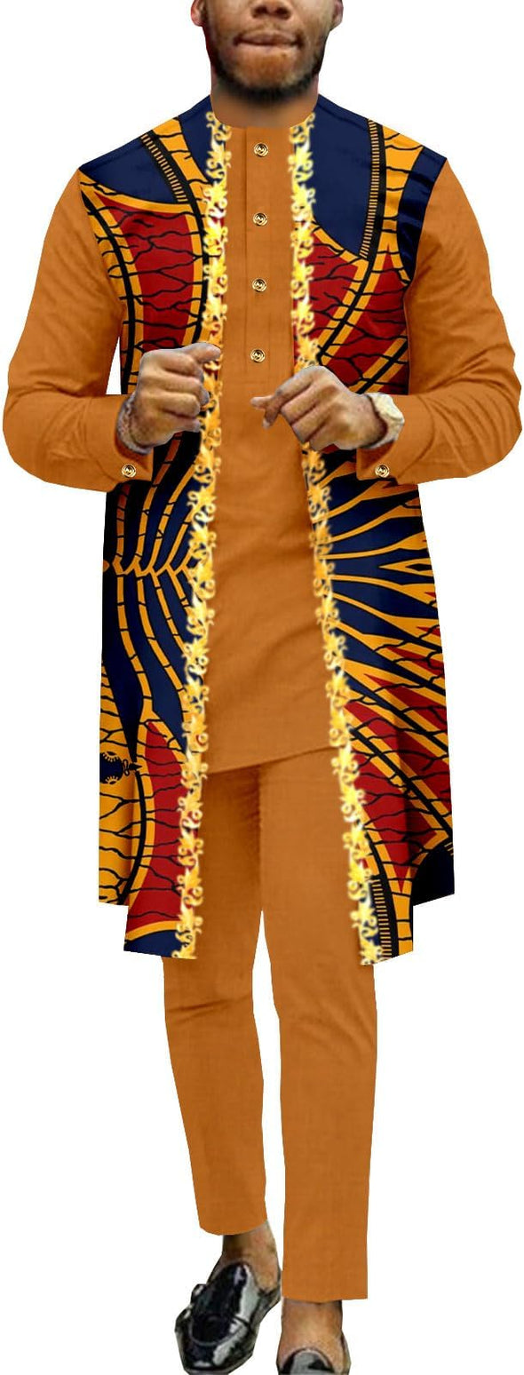 Men Single Breasted Embroidery Print Shirts and Pants 2 Piece Set Outfits