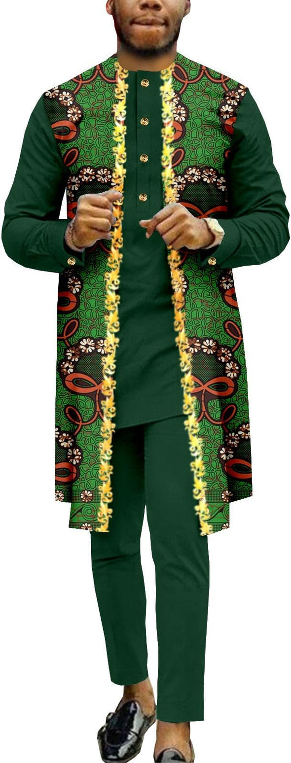 Men Single Breasted Embroidery Print Shirts and Pants 2 Piece Set Outfits