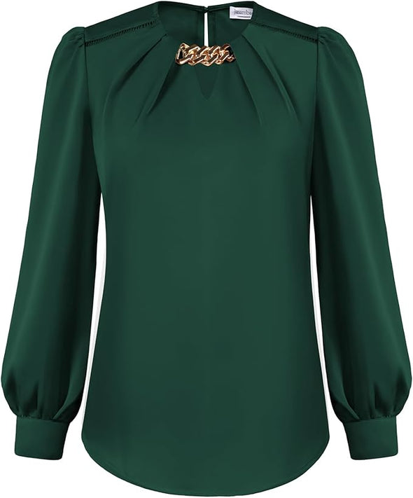 Women's Satin Silk Blouse 2024 Crew Neck Long Sleeve Blouses Elegant Casual Office Work Dressy Shirts Tops