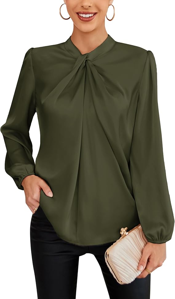 Women's Long Lantern Sleeve Shirts Mock Neck Solid Casual Blouse Tops