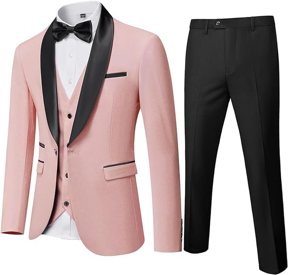 Men's 3 Piece Slim Fit Tuxedo Set, One Button Shawl Collar Solid Jacket Vest Pants with Bow Tie