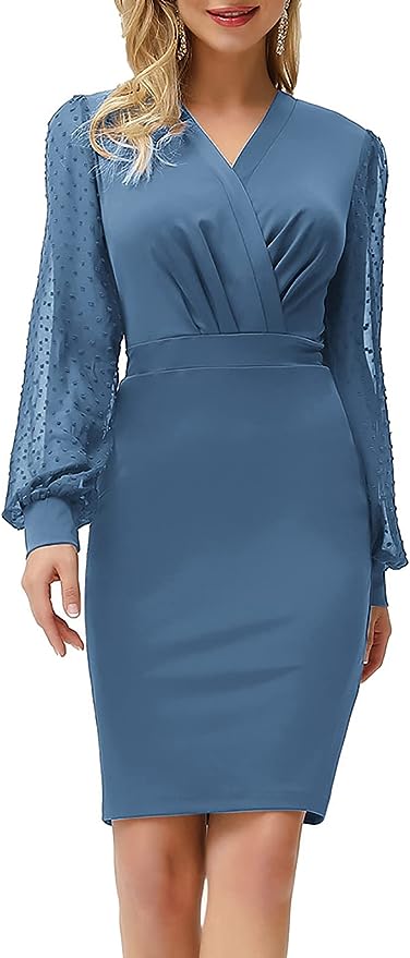 Women's Pencil Work Dresses Long Sleeve Wrap V Neck Bodycon Business Dress Elegant Cocktail Party Work