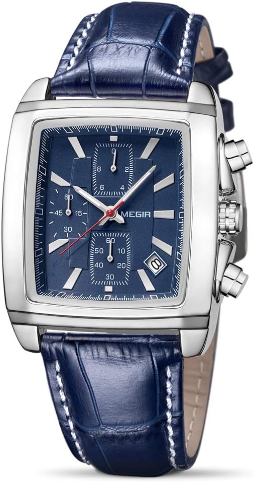 Men's Business Analog Chronograph Luminous Rectangle Quartz Watch with Stylish Leather Strap for Sport & Work