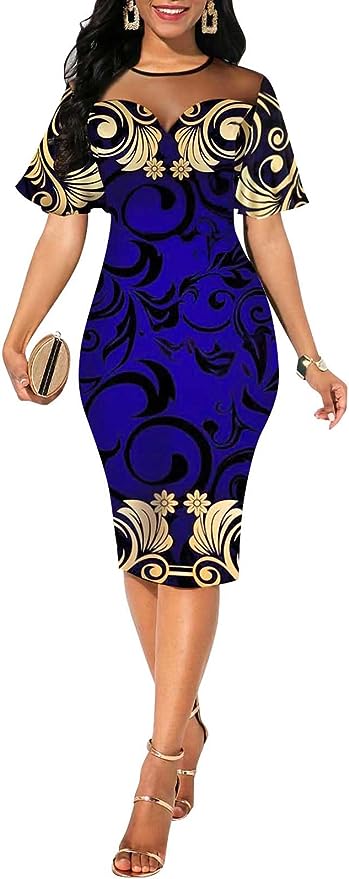 Women's 3/4 Sleeve Bodycon Dresses Work Casual Floral Print Pencil Midi Dresses with Belt