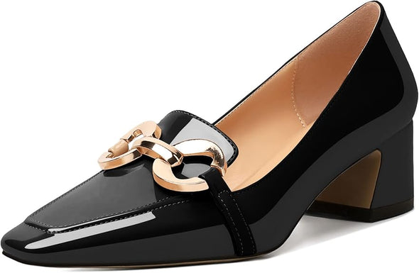 Womens Square Toe Block Heels Mid Chunky Heel Loafer Pumps Slip On Chain Dress Comfortable Prom Shoe