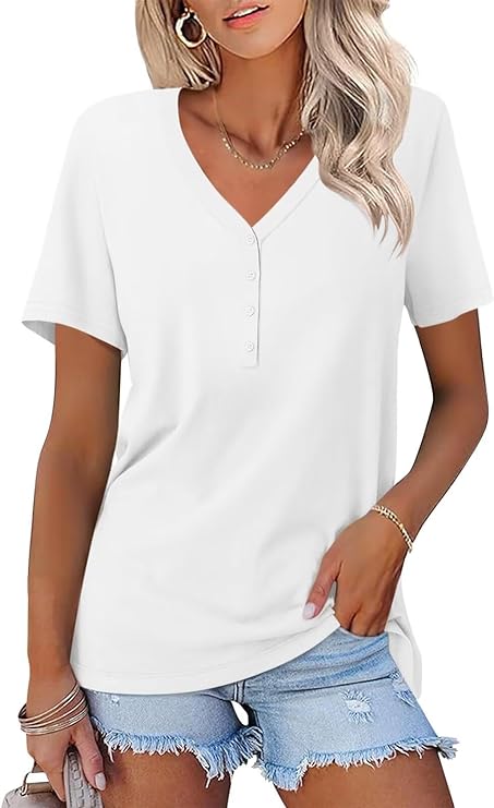 V Neck 3/4 Sleeve Tops Solid Shirts Casual Summer Tees