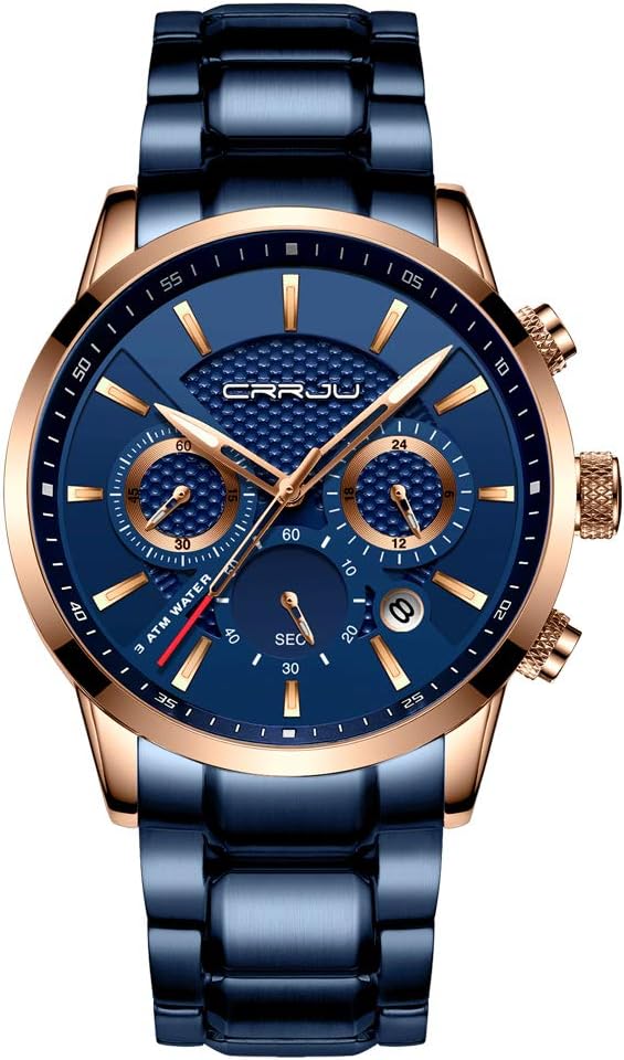 Men's Business Casual Chronograph Quartz Waterproof Wristwatch Black Leather Strap