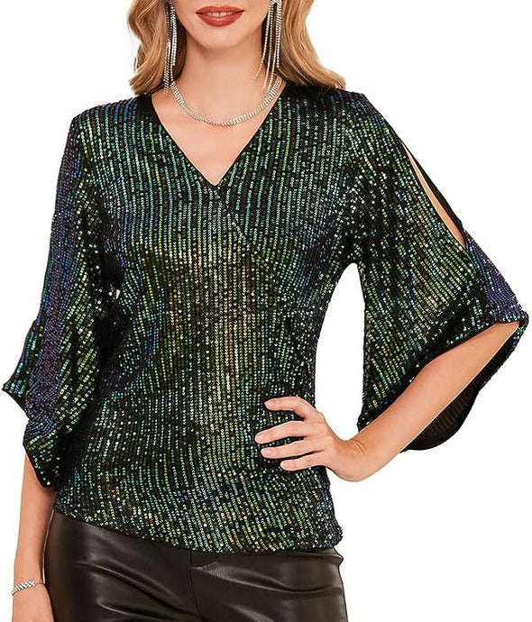 Womens Sequin Tops 3/4 Sleeve Glitter Sparkly Party Blouse V-Neck Dressy Tops for Evening Party