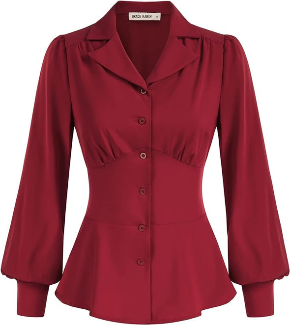 Button Down Shirts for Women Fall Peplum Tops Long Sleeve Work Blouse Collared Shirt Dressy Top