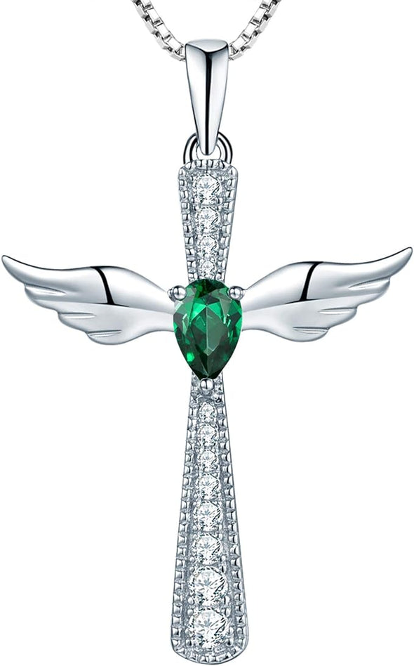 Cross Necklace 925 Sterling Silver Angel Wings Pendant Teardrop Cubic Zirconia Criss Jewelry