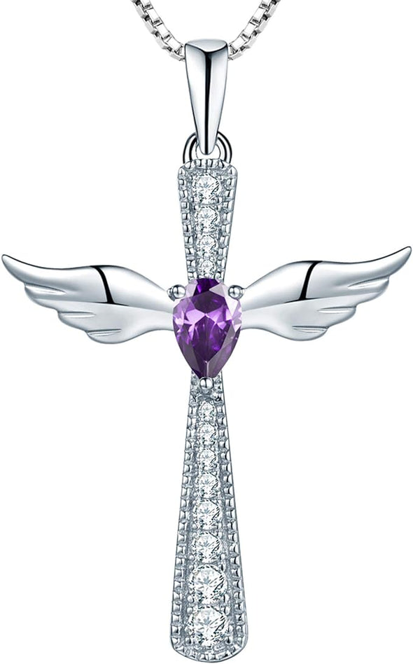 Cross Necklace 925 Sterling Silver Angel Wings Pendant Teardrop Cubic Zirconia Criss Jewelry