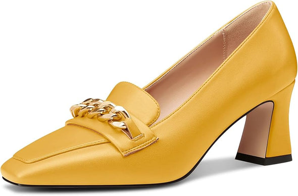 Women Mid Chunky Block Loafers Close Square Toe Slip-on Pumps with Metal Chain Work Casual Pumps 2.8 Inches Heels