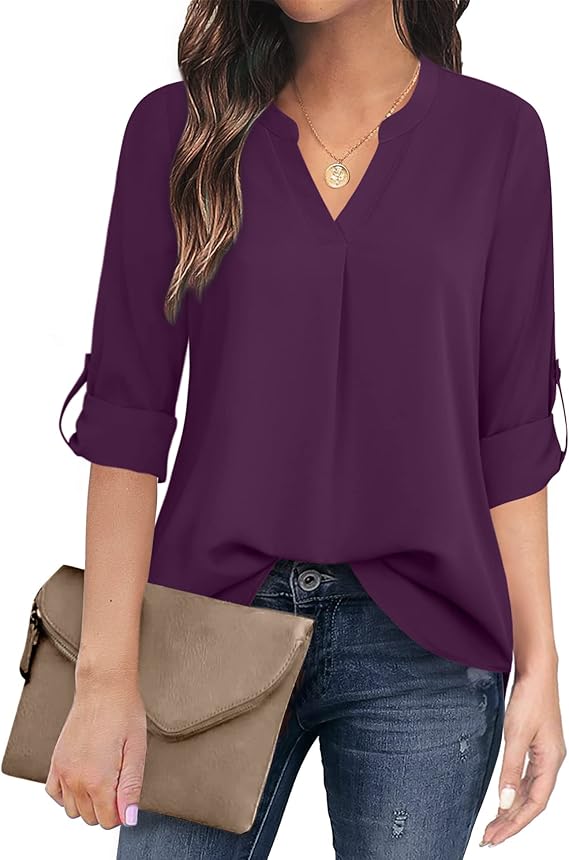 Women's Casual Chiffon V Neck 3/4 Sleeve Blouse Tops