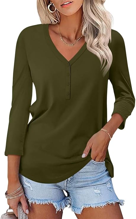 V Neck 3/4 Sleeve Tops Solid Shirts Casual Summer Tees