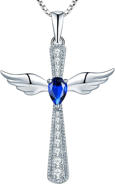 Cross Necklace 925 Sterling Silver Angel Wings Pendant Teardrop Cubic Zirconia Criss Jewelry