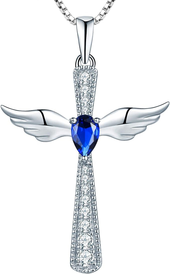 Cross Necklace 925 Sterling Silver Angel Wings Pendant Teardrop Cubic Zirconia Criss Jewelry