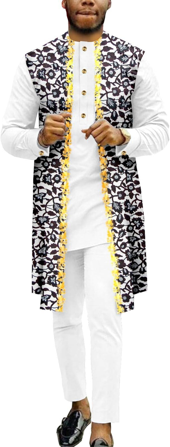 Men Single Breasted Embroidery Print Shirts and Pants 2 Piece Set Outfits