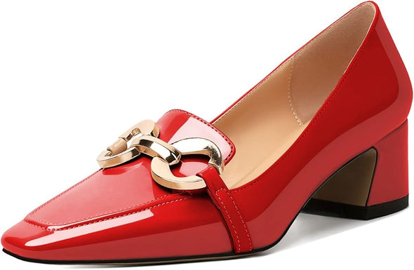 Womens Square Toe Block Heels Mid Chunky Heel Loafer Pumps Slip On Chain Dress Comfortable Prom Shoe