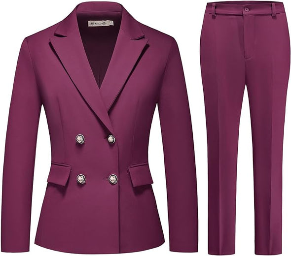 Women's 2 Piece Business Suit Double Breasted Blazer and Pants Work Suit Set