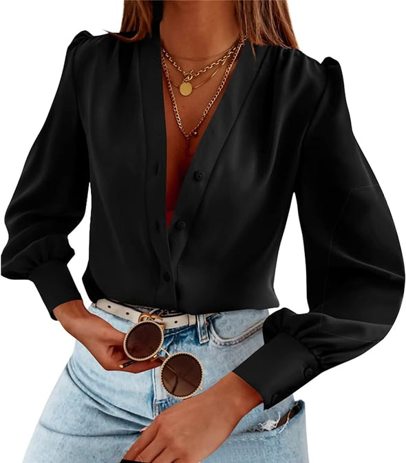 Women's Business Casual Tops Summer Long Sleeve Silk Button Down Shirts V Neck Chiffon Blouses…