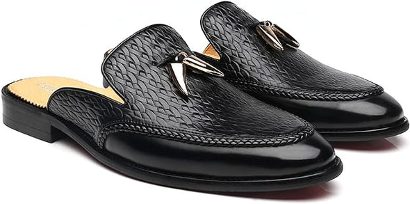 Mens Black Backless Loafers Genuine Leather Mules Shoes