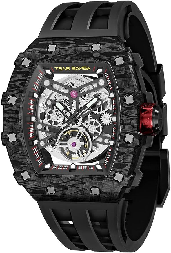 TSAR BOMBA Luxury Mens Automatic Mechanical Watches - Japanese Movement Sapphire Glass - 50M Waterproof Men's Watch - Square Wrist Watches Silicone Band Luminous Elegant Gifts for Men