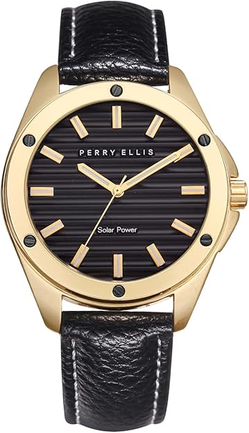 Perry Ellis Solar Powered Mens Watch | Vegan Leather Water-Resistant Analog Wrist Watches for Men