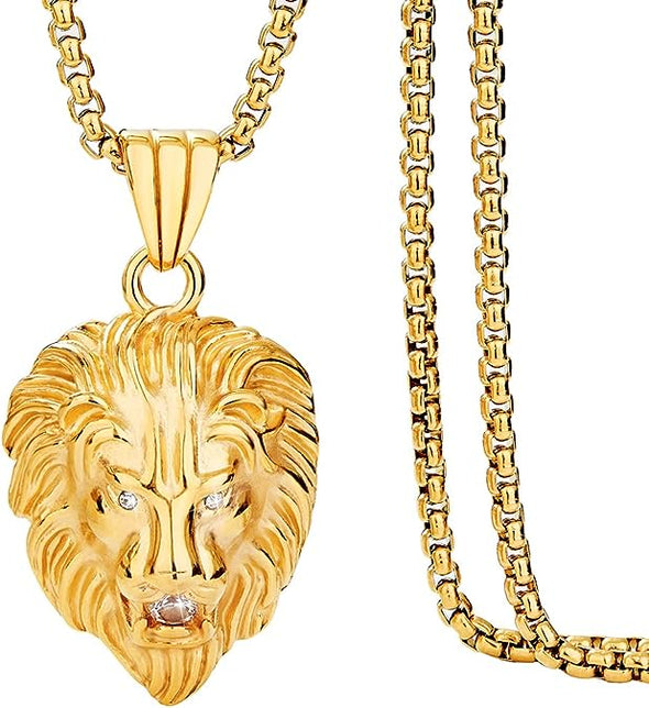 Mens Necklace Lion Pendant Necklace, Bigger in Size, Silver Plated Stainless Steel, 3PCS Shiny CZ Diamonds, Comes with Rope Chain 24”and in a Gift Box