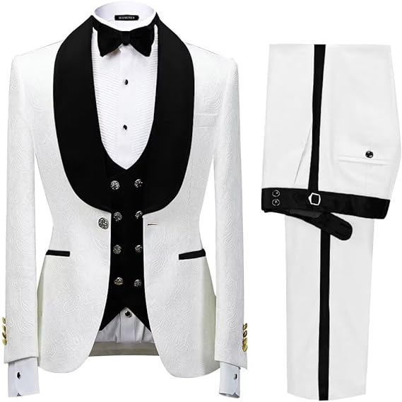 Men's Floral Jacquard Tuxedo Suits Slim Fit 3 Piece Suits Shawl Collar Suit for Man Wedding Prom Suits with Bow Tie