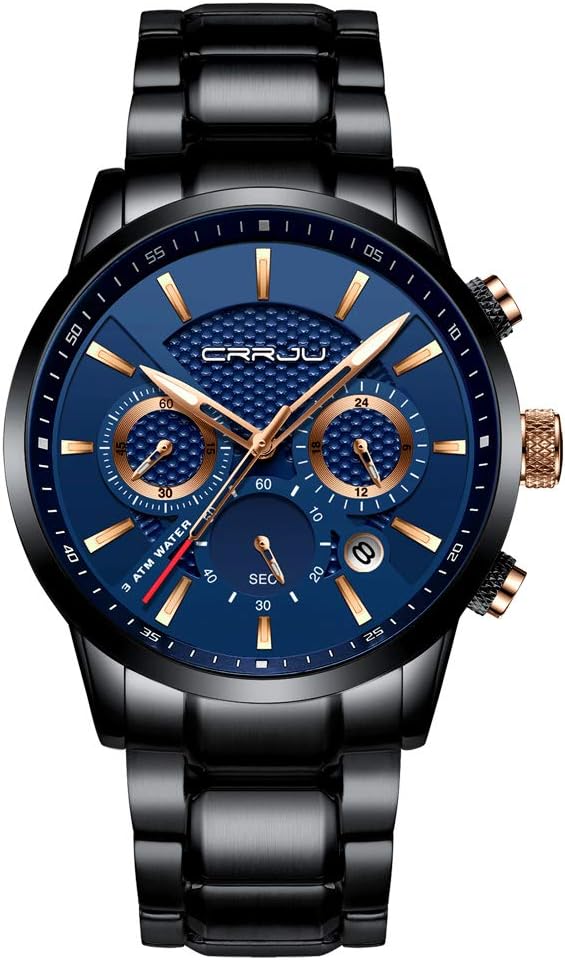 Men's Business Casual Chronograph Quartz Waterproof Wristwatch Black Leather Strap