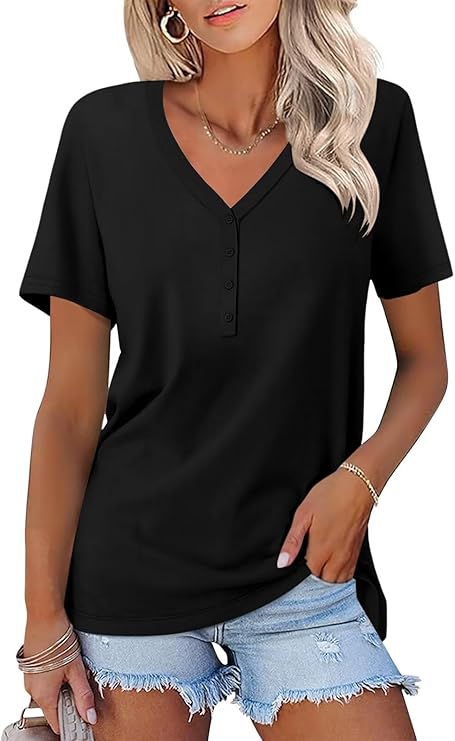 V Neck 3/4 Sleeve Tops Solid Shirts Casual Summer Tees