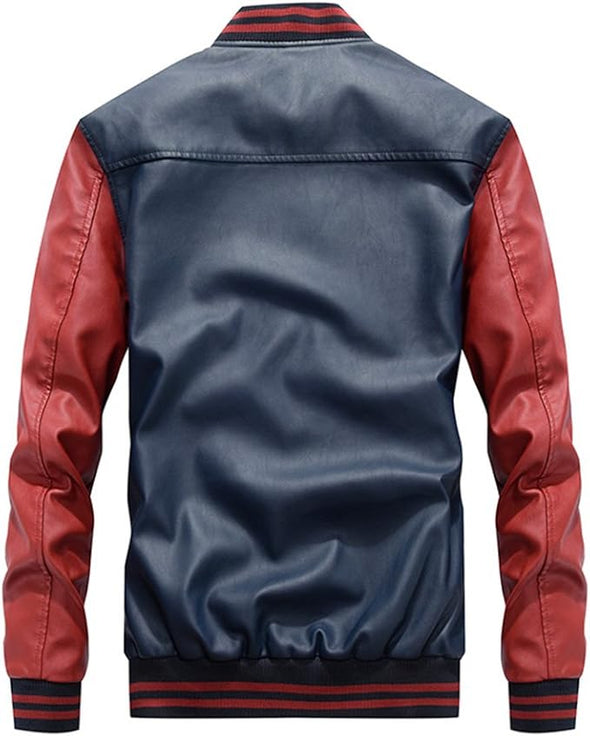 Men's Faux Leather Jacket Casual Baseball Stand Collar Slim Fit Coat