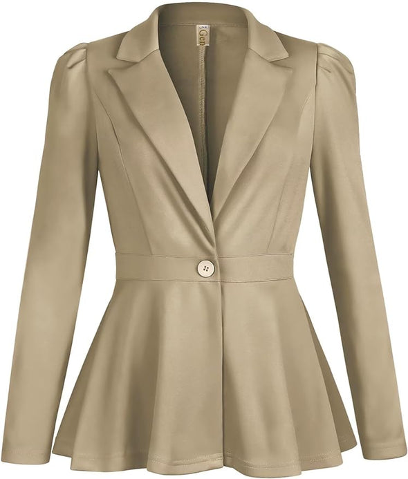 Women's Business Casual Blazer Jackets Dressy Puff Sleeve Single Button Peplum Comfy Work Office Blazers