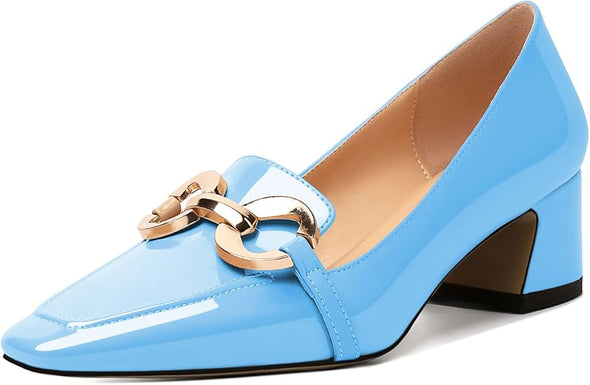 Womens Square Toe Block Heels Mid Chunky Heel Loafer Pumps Slip On Chain Dress Comfortable Prom Shoe