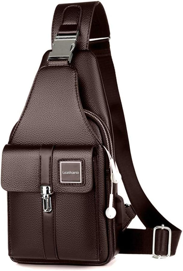 Men leather Sling Bag Chest Bag Shoulder Bag Crossbody Casual Bag Pack Multipurpose