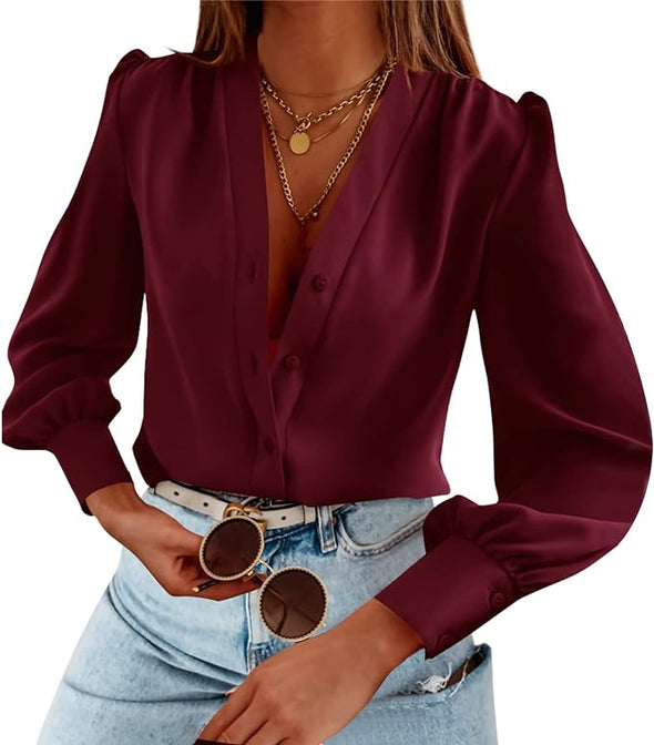 Women's Business Casual Tops Summer Long Sleeve Silk Button Down Shirts V Neck Chiffon Blouses…