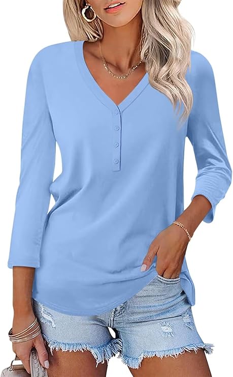 V Neck 3/4 Sleeve Tops Solid Shirts Casual Summer Tees