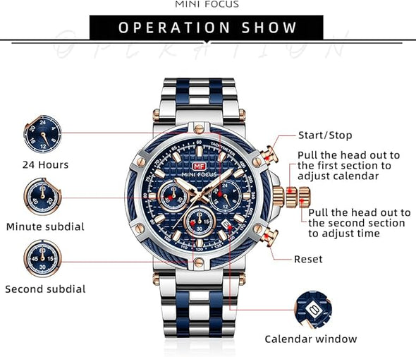 Business Men Watches (Chronograph/Waterproof/Luminous/Calendar/24 Hours) Big Face Stainless Steel Band Watches for Men