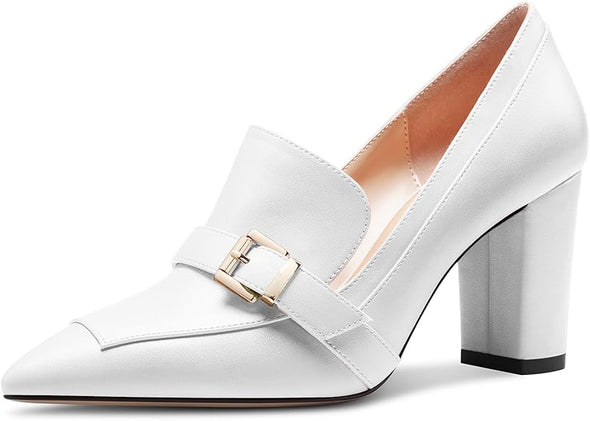 Womens Chunky Block Mid Heel Pointed Toe Pumps Slip-on Buckle Office Basic Classic Summer 3.2 Inches Shoes